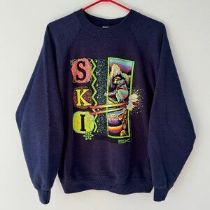 90s vintage navy blue outdoor winter sports skiing ski graphic pullover sweater
